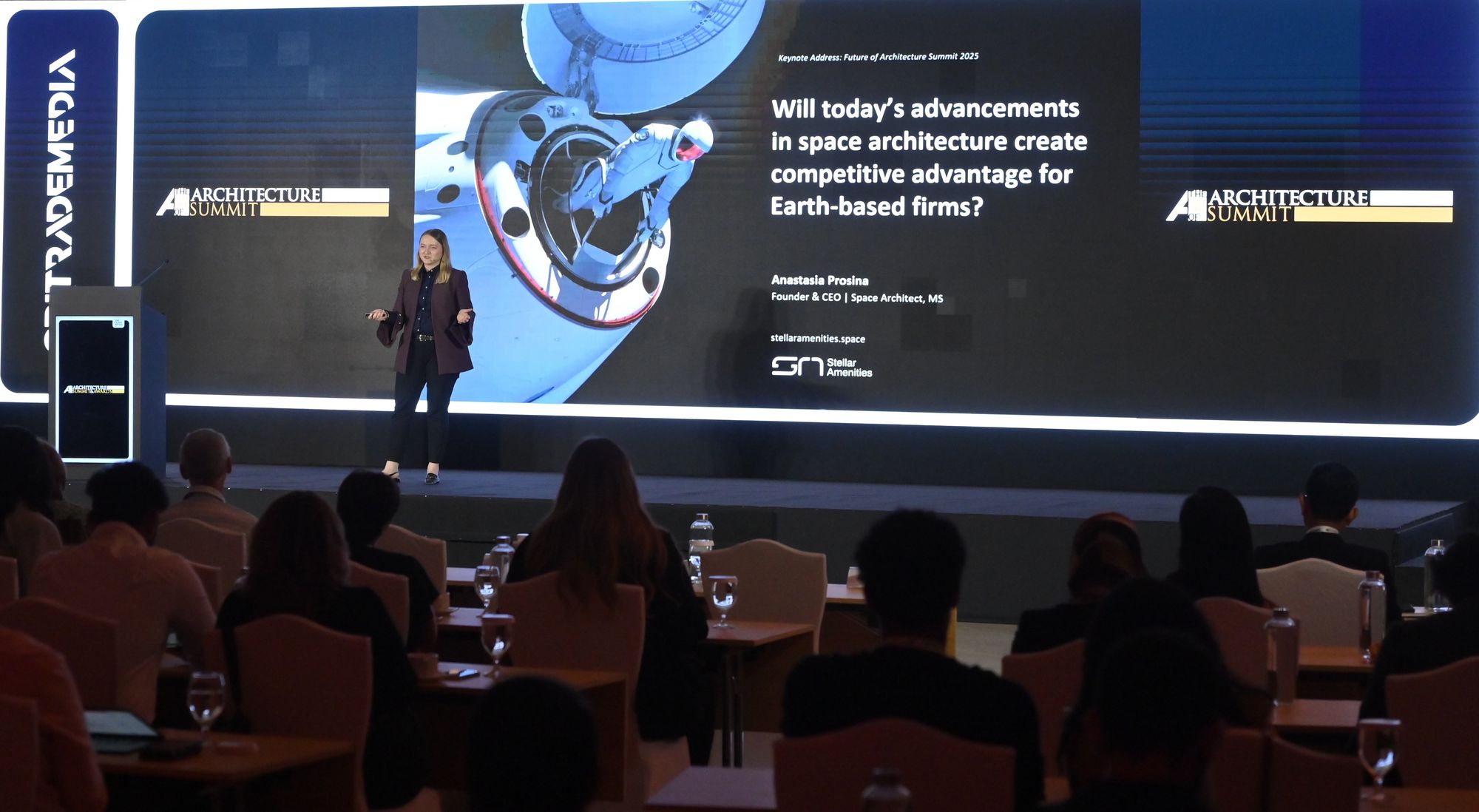 Anastasia Prosina delivering a keynote at the Future of Architecture Summit, Dubai 2025